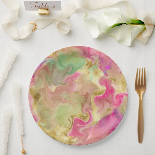 Assiettes En Carton Plaque d'impression rose, or, marbre vert (Mariage)