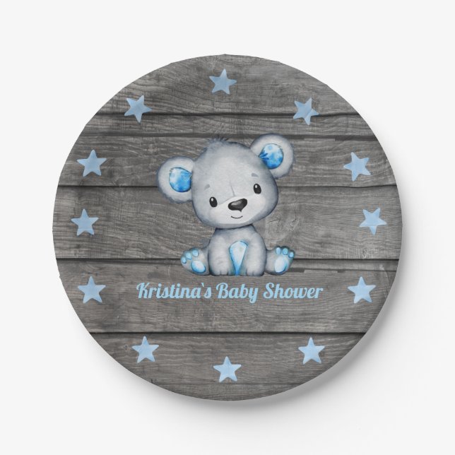 Assiettes En Carton Plaque d'ours bleu 4 Baby shower, Rustique, Annive (Devant)