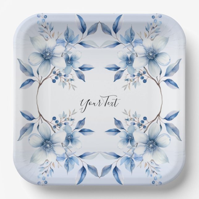 Assiettes En Carton Plaque en papier à fleurs bleues botaniques (Recto)