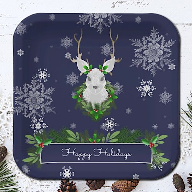 Assiettes En Carton Plaque en papier bleu renne (Blue Reindeer Christmas Paper Plates)