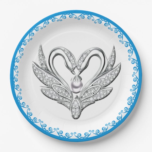 Assiettes En Carton Plaque en papier Bleu Ruban Cygnes en argent (Devant)
