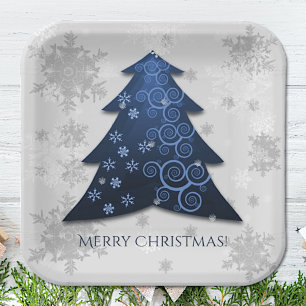 Assiettes En Carton Plaque en papier d'arbre de Noël Festif Bleu