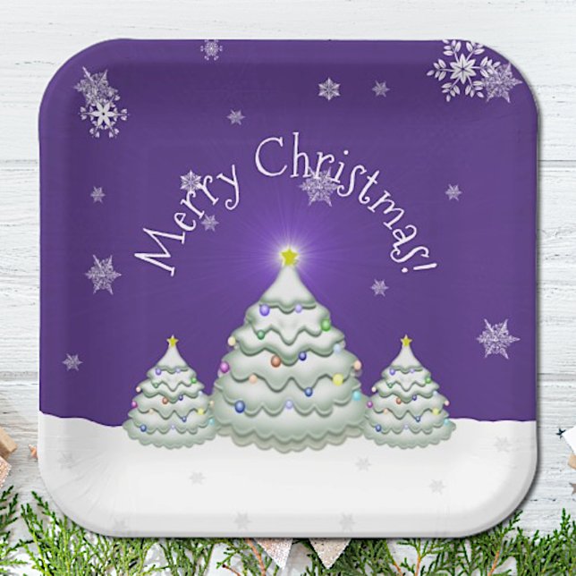 Assiettes En Carton Plaque en papier de Noël pourpre moelleux (Purple Snowy Christmas Tree Paper Plates)