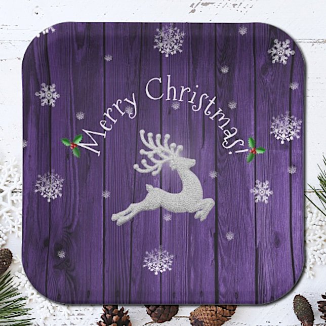 Assiettes En Carton Plaque en papier de rennes de Noël violet rustique (Purple Rustic Christmas Reindeer Paper Plates)