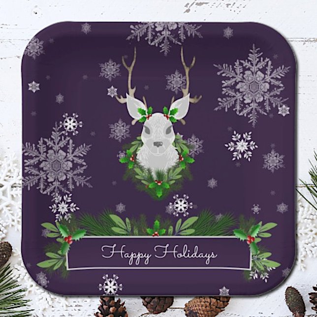 Assiettes En Carton Plaque en papier de rennes pourpre (Purple Reindeer Christmas Paper Plates)