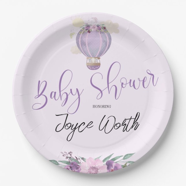 Assiettes En Carton Plaque en papier d'éléphant violet à montgolfière (Devant)