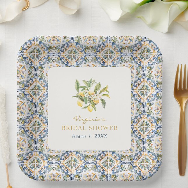 Assiettes En Carton Plaque en papier Fête des mariées italienne (Italian Lemon Blue Bridal Shower Paper Plate by Painted Paperie
)
