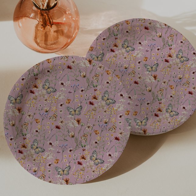 Assiettes En Carton Plaque en papier Fleur sauvage rose (Dusty Pink Wildflower Butterflies Paper Plates by Painted Paperie
)