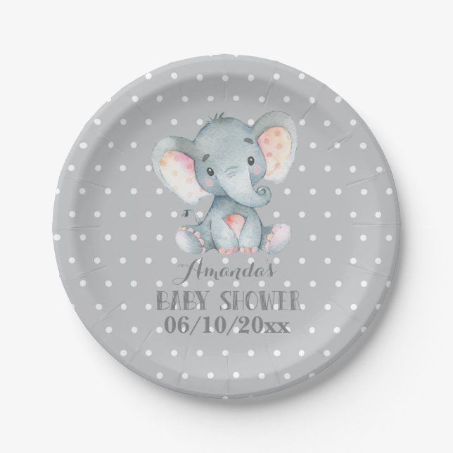 Assiettes En Carton Plaque en papier gris Baby shower éléphant (Devant)