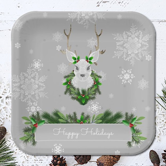Assiettes En Carton Plaque en papier gris renne (Gray Reindeer Christmas Paper Plates)
