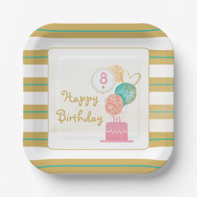 Assiettes En Carton Plaque en papier moderne Girl Chic Gold 8th Birthd (Recto)