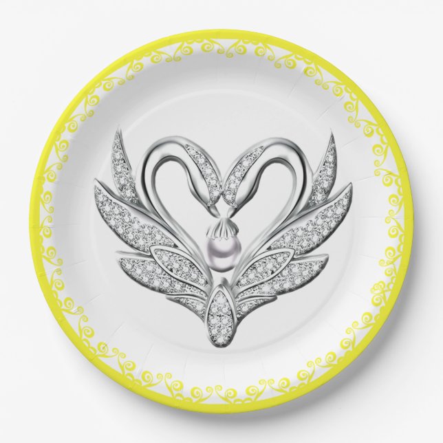 Assiettes En Carton Plaque en papier pour cygnes en argent jaune ruban (Devant)