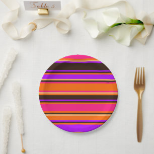 Assiettes En Carton Plaque en papier rayé orange, magenta et violet