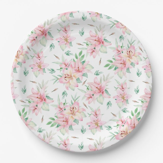 Assiettes En Carton Plaque en papier rose Fleurs Lilly (Devant)