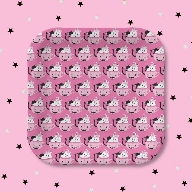 Assiettes En Carton Plaque en papier rose Motif noir et Fantôme (Cute black cat and ghost pattern Halloween square pink paper plate .)