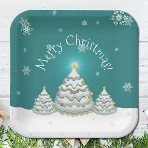 Assiettes En Carton Plaque en papier turquoise de Noël enneigé
