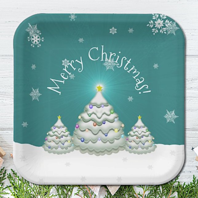 Assiettes En Carton Plaque en papier turquoise de Noël enneigé (Teal Snowy Christmas Tree Paper Plates)