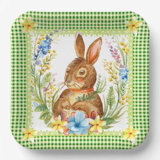 Assiettes En Carton Plaque En vichy Bunny vert printemps