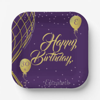 Assiettes En Carton Plaque papier d'anniversaire violet et or heureux