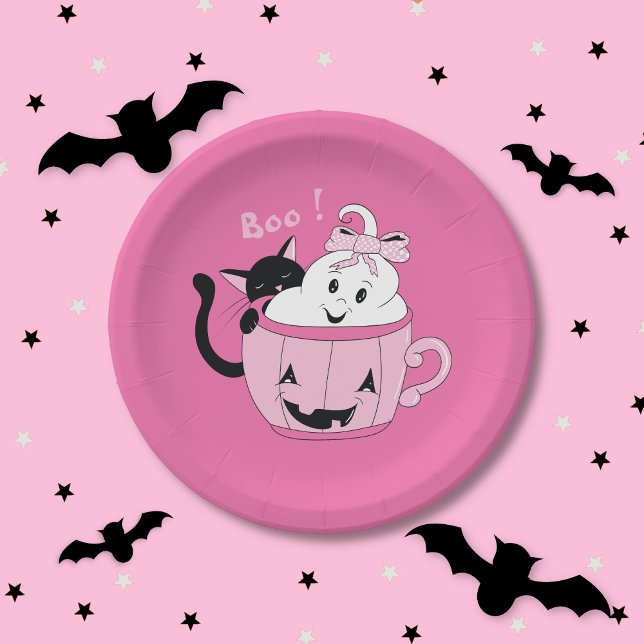 Assiettes En Carton Plaque papier d'Halloween rose éffrayante - Chat F (Spooky cute ghost and black cat pink Halloween round paper plate .)