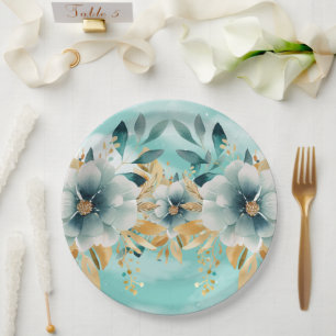 Assiettes En Carton Plaque papier épaisse turquoise et or Floral