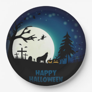 Assiettes En Carton Plaque Papier Halloween Witch Et Wolf Fullmoon