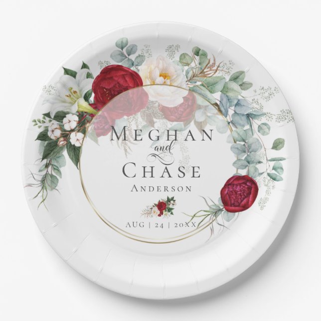 Assiettes En Carton Plaque papier mariage | Bouquet Red Peony vibrant (Devant)