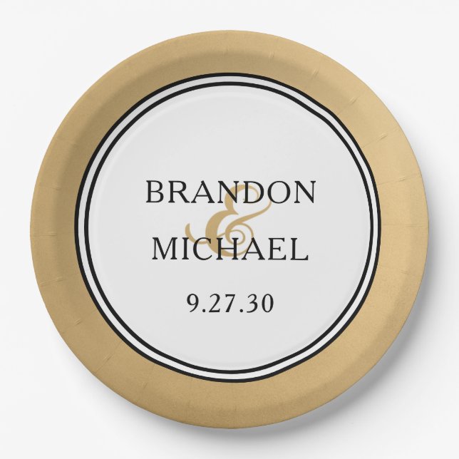 Assiettes En Carton Plaque papier Mariage moderne LGBTQ Gold (Devant)