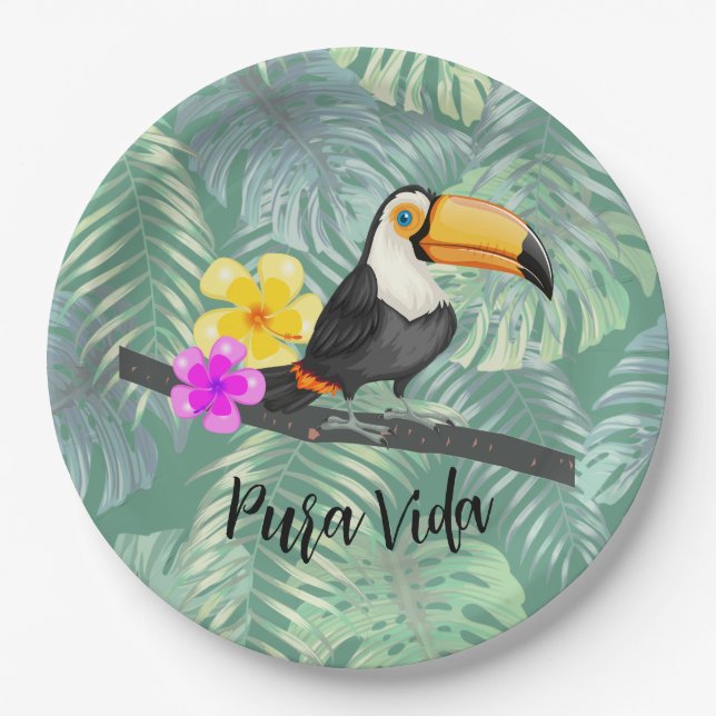 Assiettes En Carton Plaque papier Tropical Toucan Pura Vida (Devant)