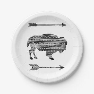 Assiettes En Carton Plaque ronde de 9 po Boho Buffalo Motif tribal B