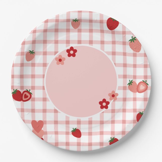 Assiettes En Carton Plaque rose, rouge fraise et fleur (Devant)