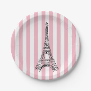 Assiettes En Carton Plaques à papier de rayure rose de Tour Eiffel