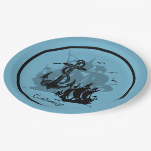 Assiettes En Carton Plaques à papier de silhouette noire de bateau et