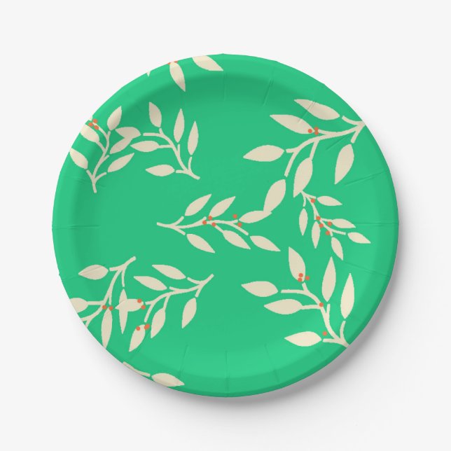 Assiettes En Carton Plaques avec baies et Feuilles sur vert (Devant)