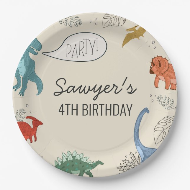 Assiettes En Carton Plaques d'anniversaire de Dinosaur (Devant)