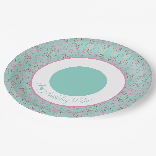 Assiettes En Carton Plaques d'anniversaire turquoise rose et blanc (Angle)