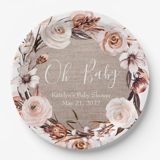 Assiettes En Carton Plaques de Baby shower Boho Burlap Oh Baby (Devant)