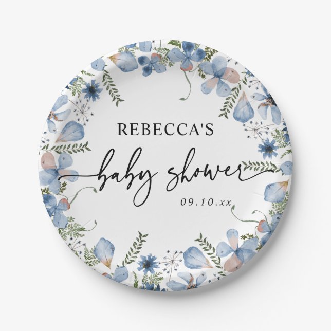Assiettes En Carton Plaques de Baby shower Dusty Blue Fleur sauvage (Devant)