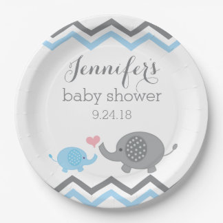 Assiettes En Carton Plaques de Baby shower éléphant | Blue Grey Chevro