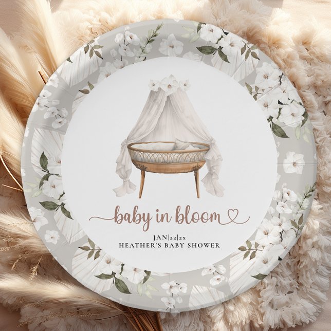 Assiettes En Carton Plaques de Baby shower Floral Boho Bassinet Neutre (Baby in bloom paper plates)