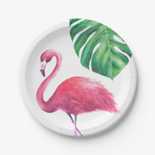 Assiettes En Carton Plaques de fête Feuille Flamant rose et Tropical