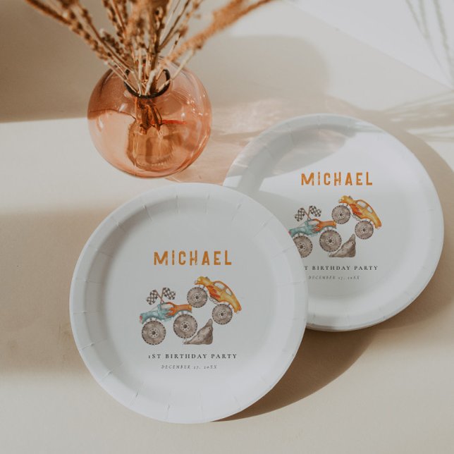 Assiettes En Carton Plaques de fête Orange Blue Monster Trucks (Créateur téléchargé)