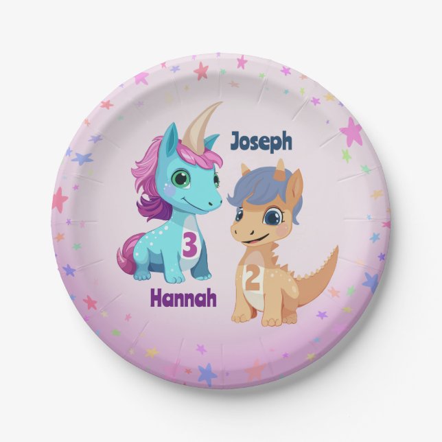 Assiettes En Carton Plaques de fête pour enfants Unicorn et Dinosaur (Devant)
