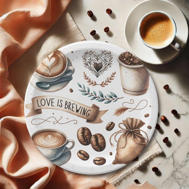 Assiettes En Carton Plaques de Fêtes des mariées jetables L'amour bras (Bridal shower paper plates love is brewing coffee theme Do Tell A Belle)