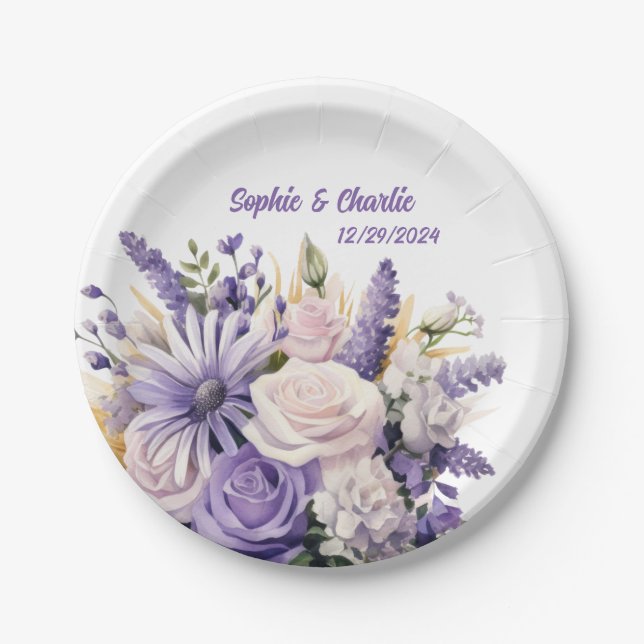 Assiettes En Carton Plaques de Mariage personnalisées Lavender Floral (Devant)