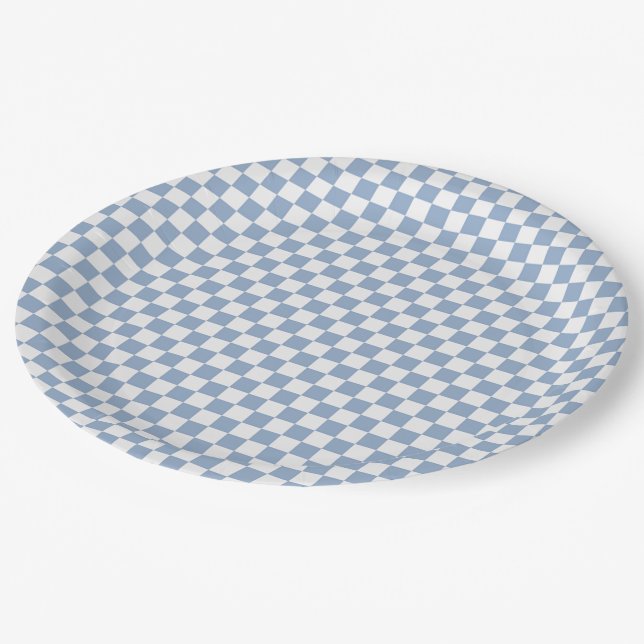 Assiettes En Carton Plaques de papier À damiers bleu ciel et blanc (Angle)