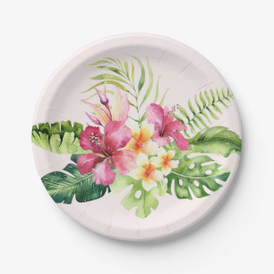 Assiettes En Carton Plaques de papier à fleurs tropicales vertes rose