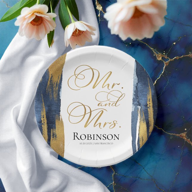 Assiettes En Carton Plaques de papier aquarelle | Mariage bleu Abstrai (Créateur téléchargé)