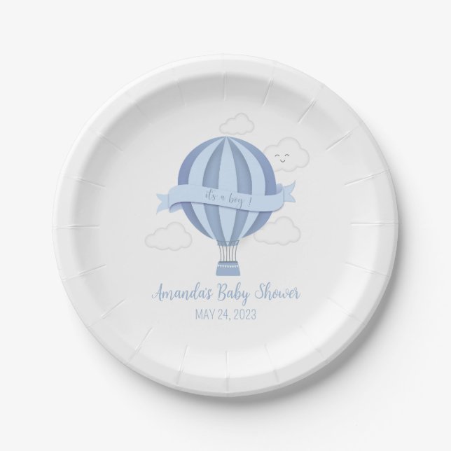 Assiettes En Carton Plaques de papier Baby shower Blue Hot Air Balloon (Devant)