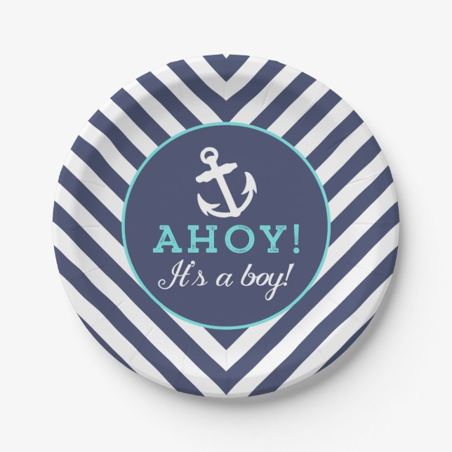 Assiettes En Carton Plaques de papier Baby shower Chevron Nautique Mar (Devant)